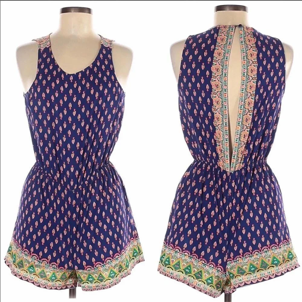 Charlotte Russe Blue Patterned Open Back Romper - Picture 3 of 9